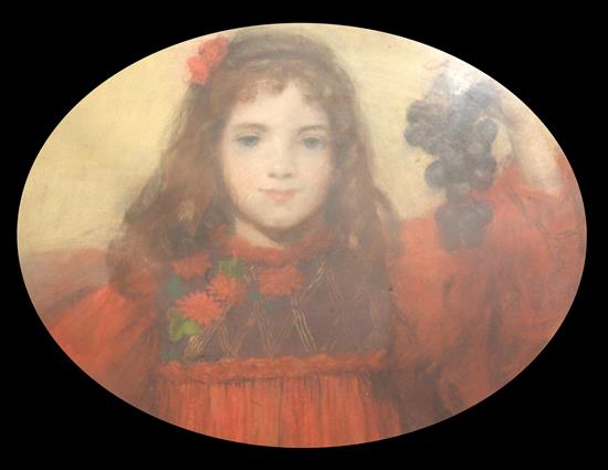 Late 19th century French School Portrait of a girl holding a bunch of grapes, 17 x 22in.